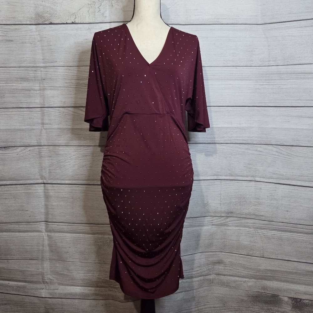 Venus Burgundy Studded V-Neck Dress, Size M